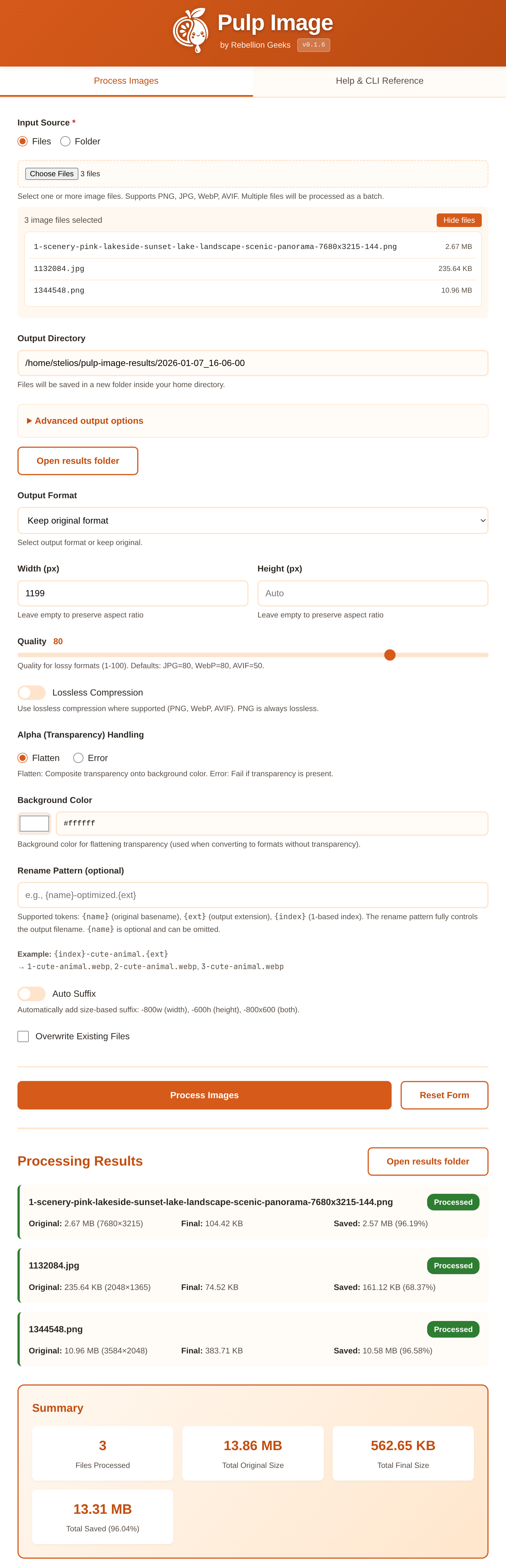 Pulp Image UI interface showing file selection, processing options, and results