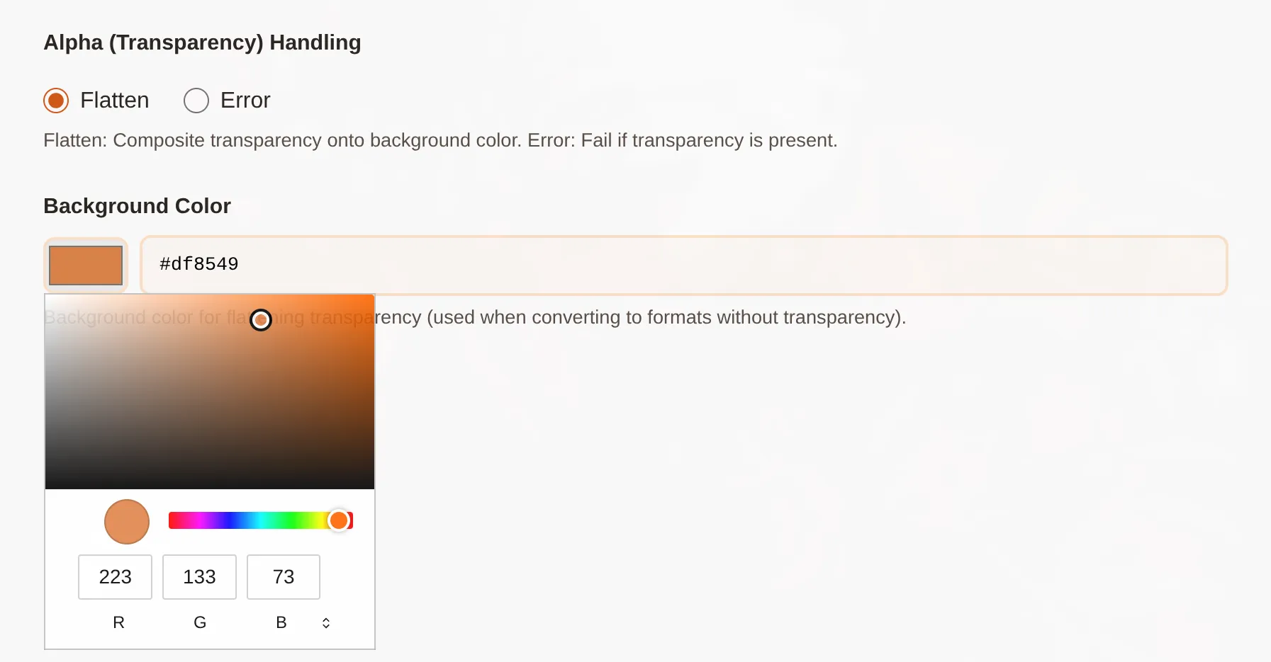 Background color picker with hex code input