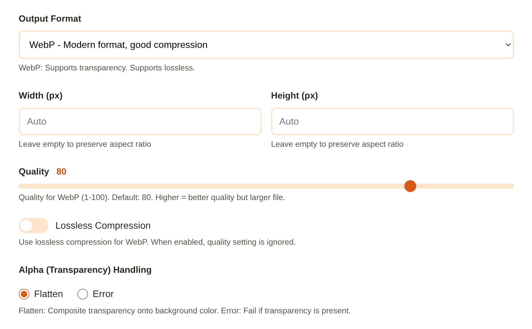 Pulp Image UI - Options view