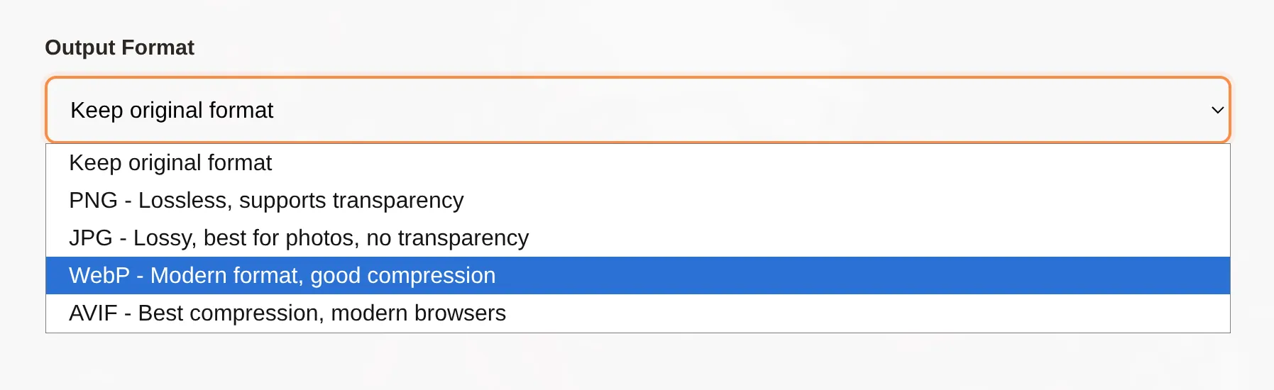 Output format dropdown showing PNG, JPG, WebP, AVIF options