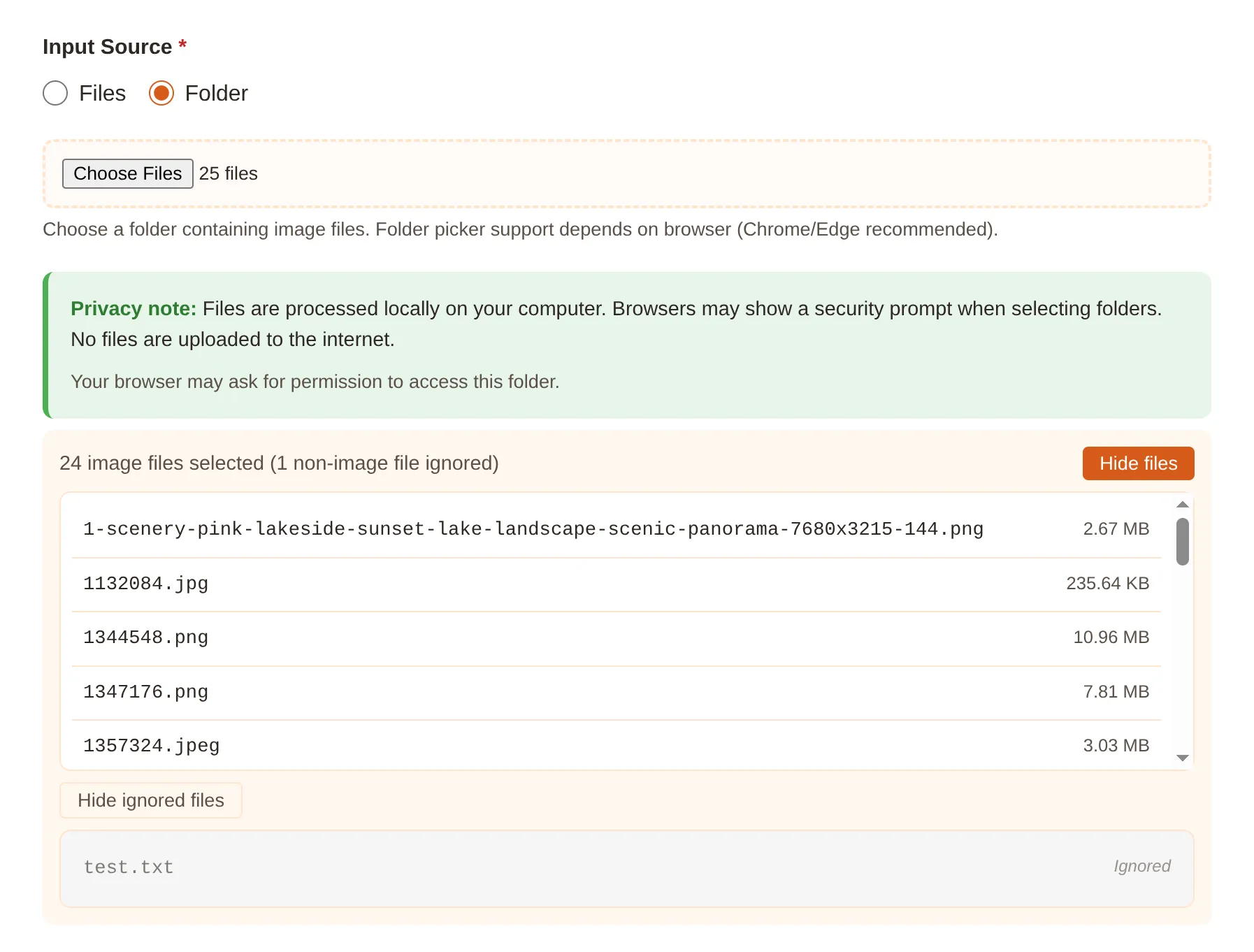 Input Source section showing Files/Folder toggle and drag-drop area