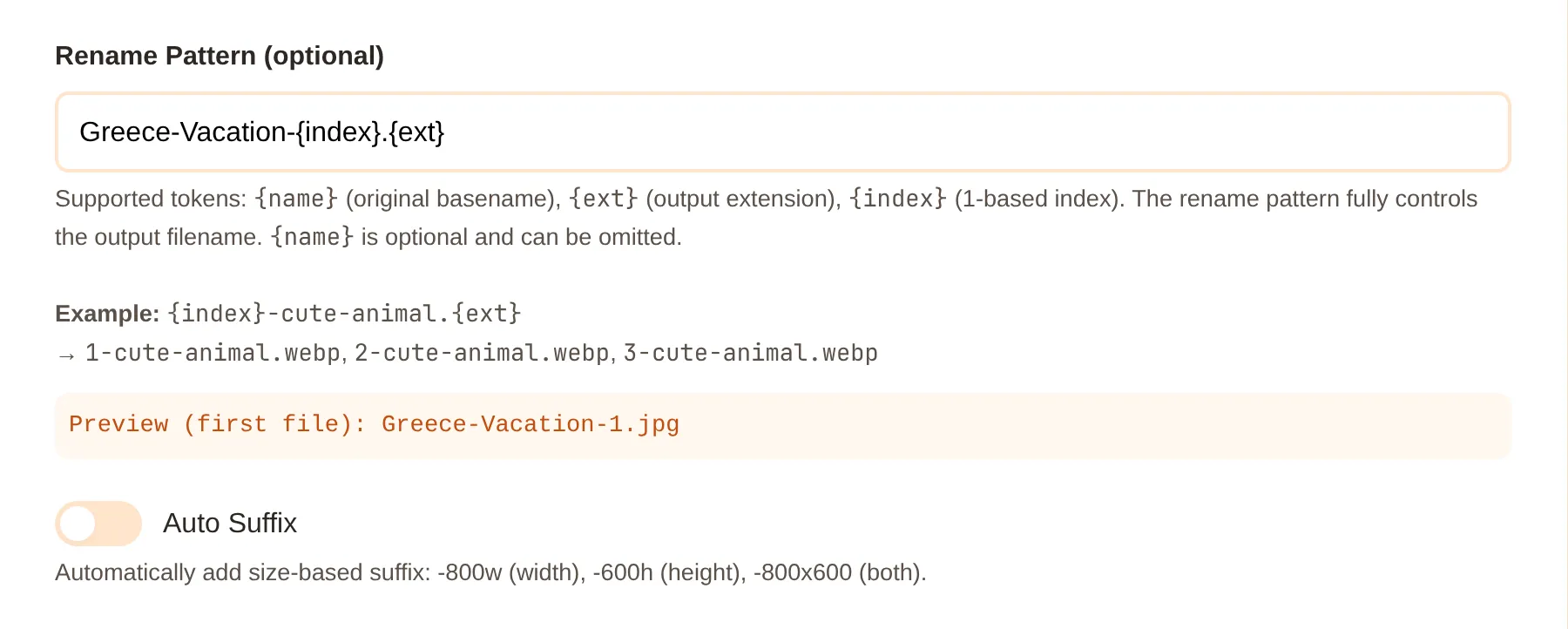 Rename pattern input with tokens and auto suffix toggle