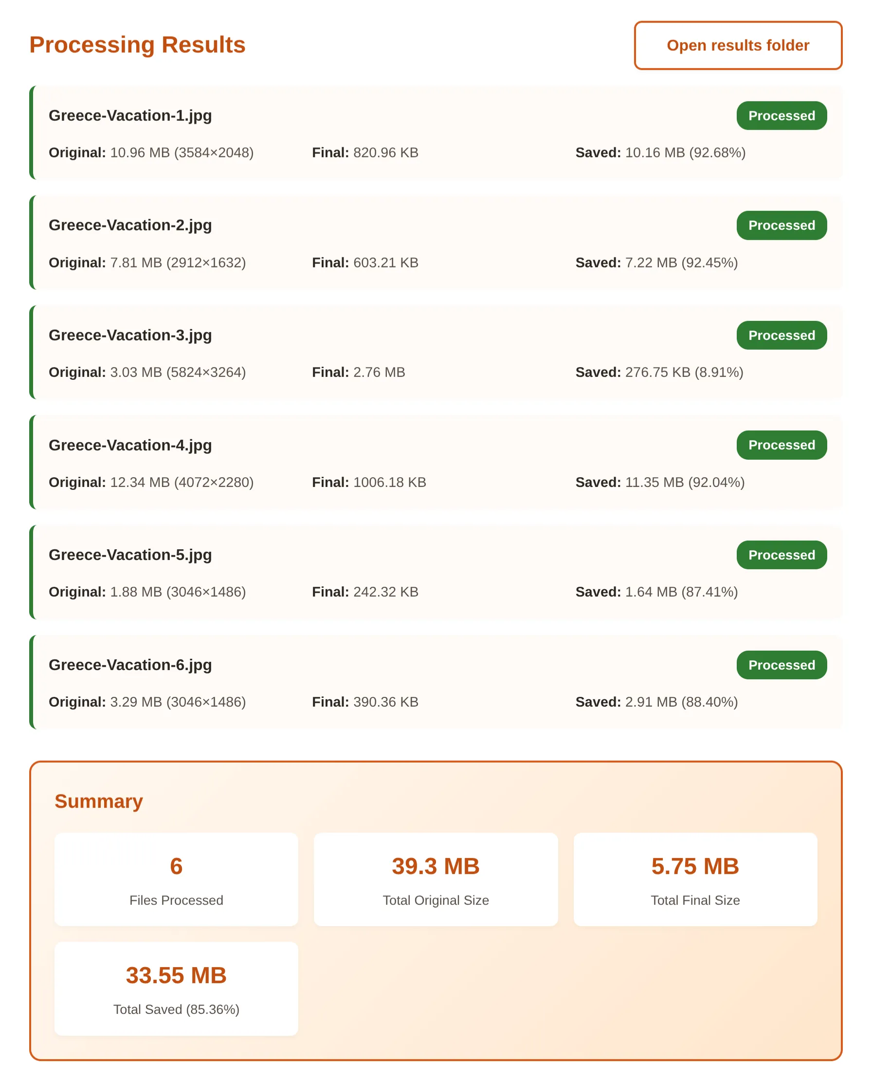Processing results showing file sizes and savings statistics
